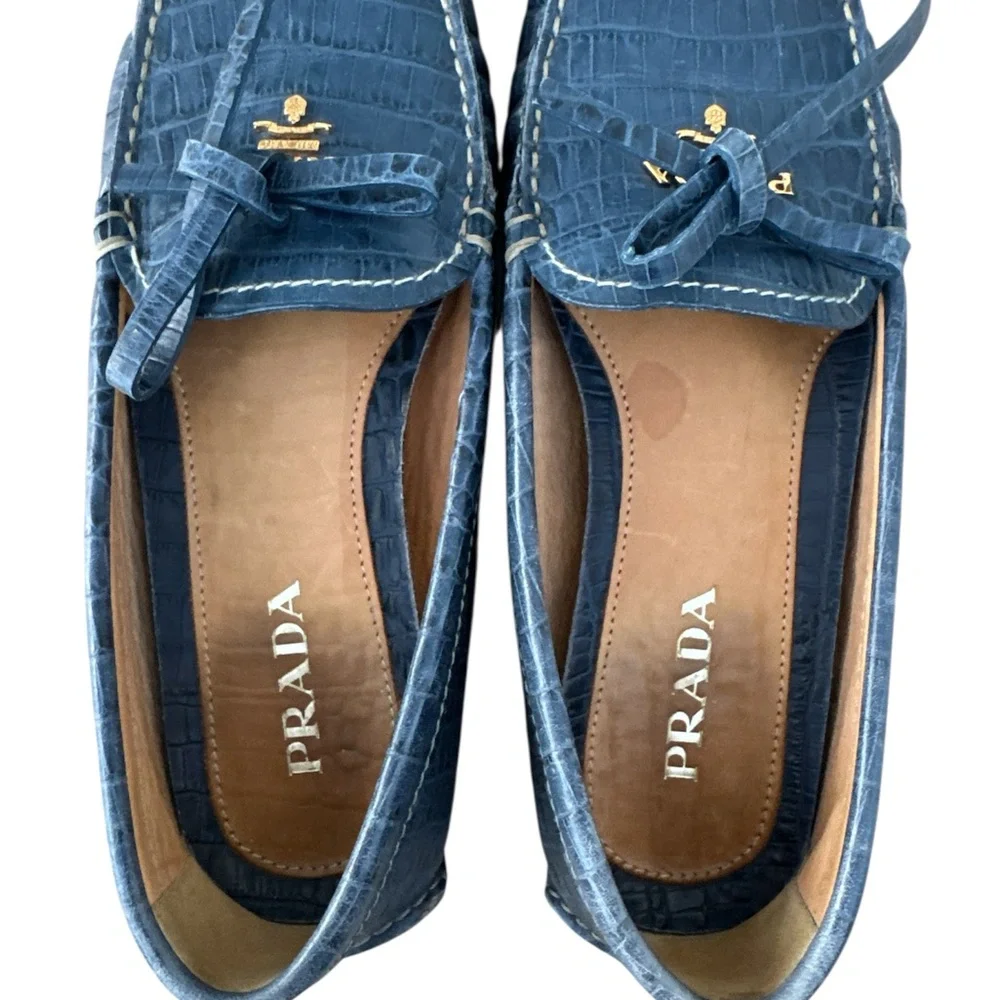 Prada Textured Blue Leather Loafers - Picture 5 of 7